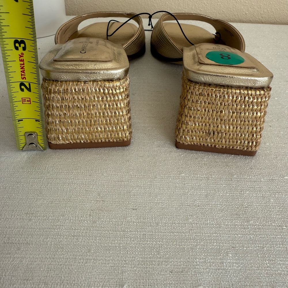 New Chinese Laundry Gold Vegan Block Heel Slide Sandals - Picture 9 of 12